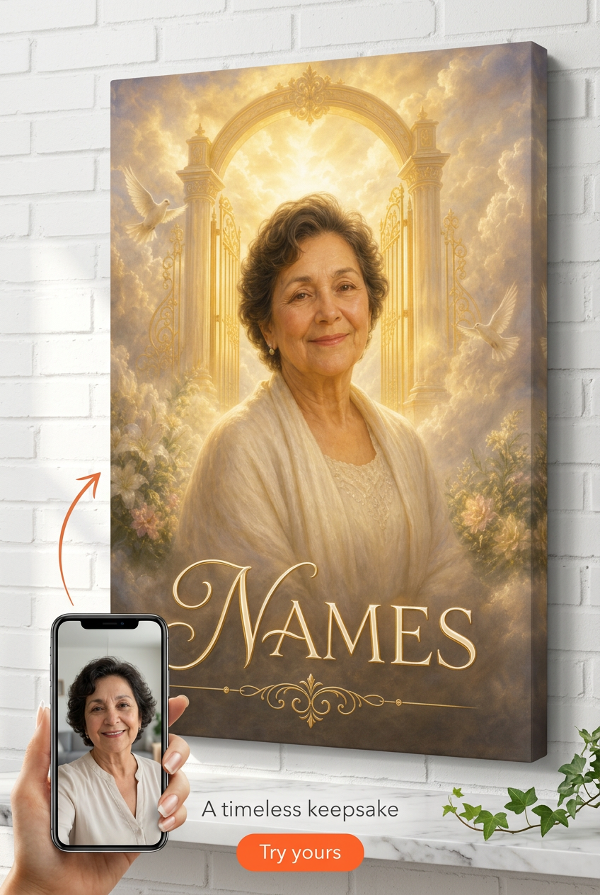 Custom Memorial Woman Portrait — Serene Heaven Gates from Photo