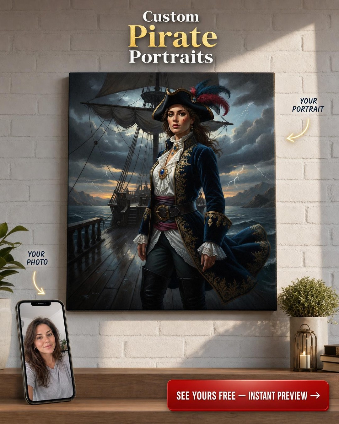 Custom Pirate Woman Portrait — Heroic Ship Captain