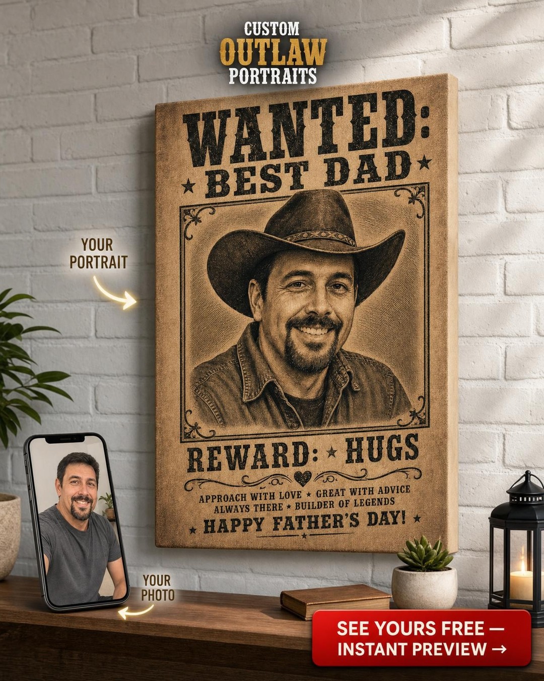Most Wanted Dad Custom Portrait from Photo | Personalized Canvas Gift