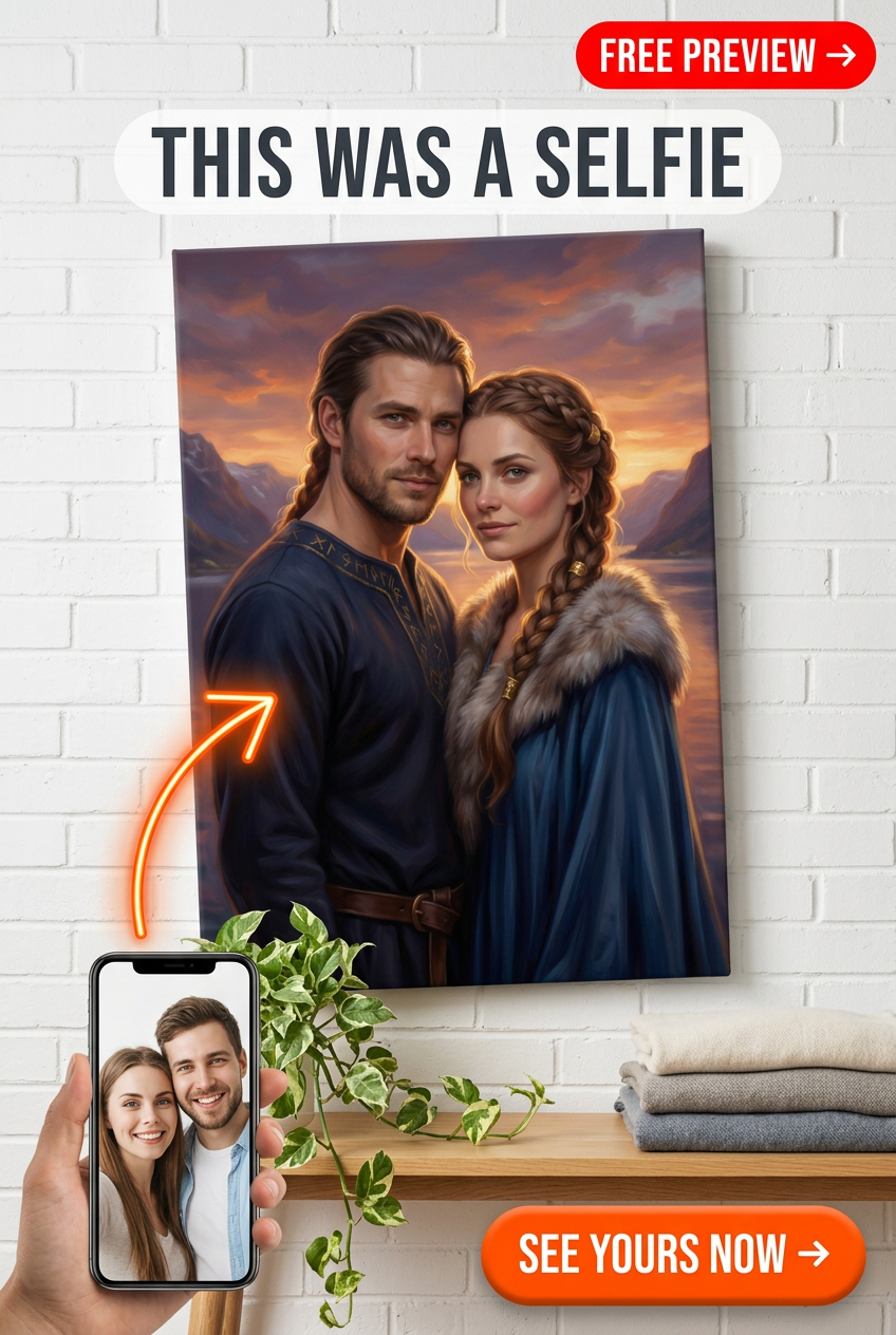 Custom Viking Couple Portrait — Romantic Mountain Canvas Art