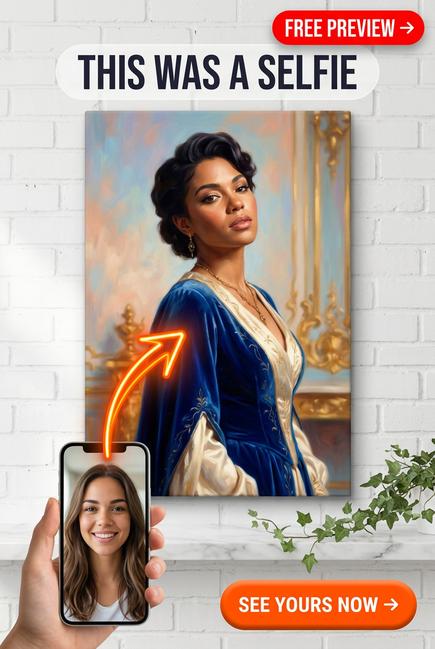 Custom Royal Woman Portrait — Regal Blue Gown Canvas Art