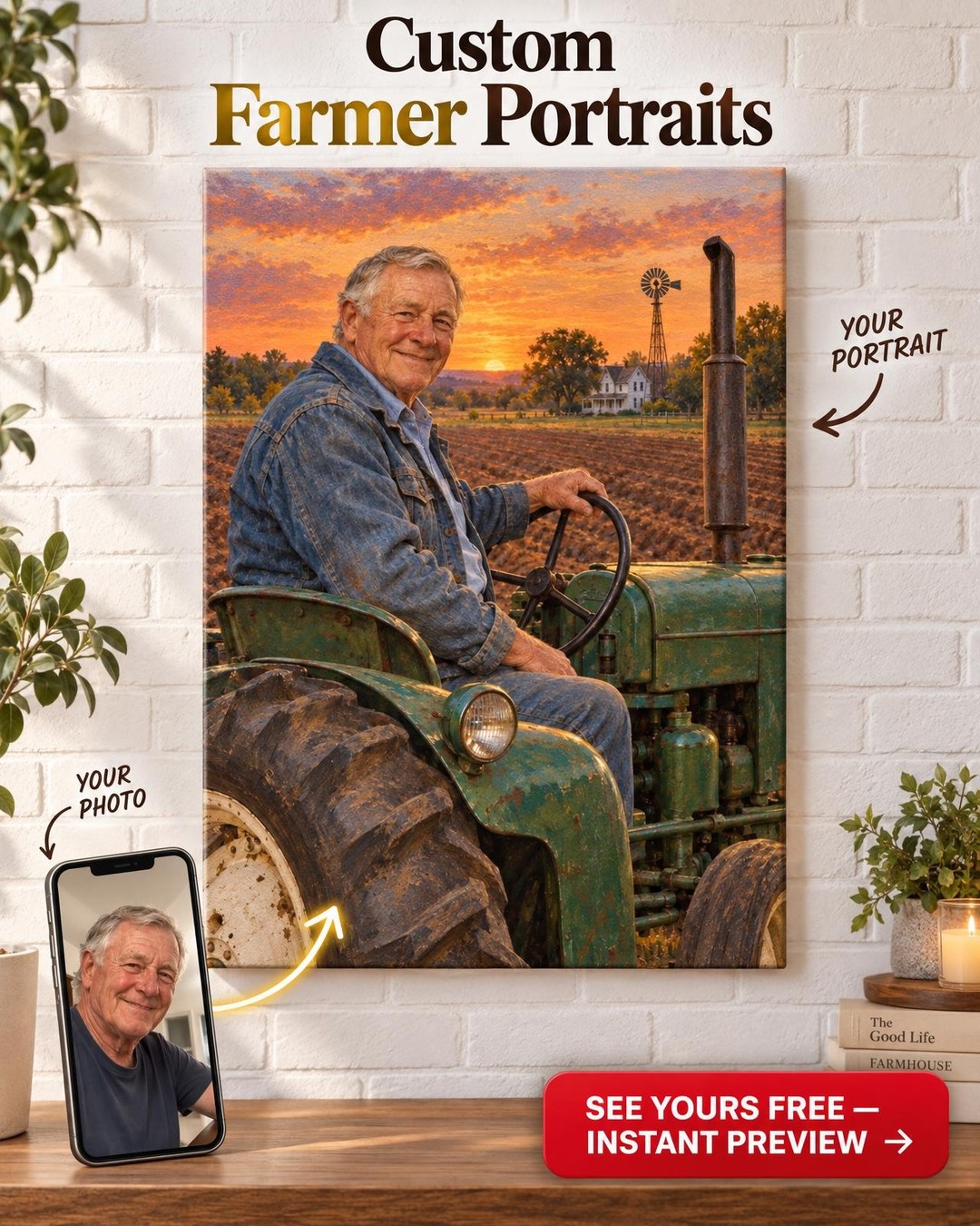 Grandpa on His Green Tractor Custom Portrait from Photo | Personalized Family Farm Gift