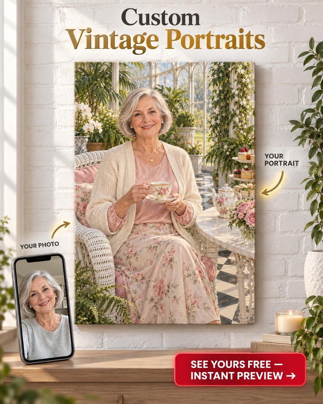 Conservatory Afternoon Tea Custom Portrait from Photo | Personalized Tea Lover Gift