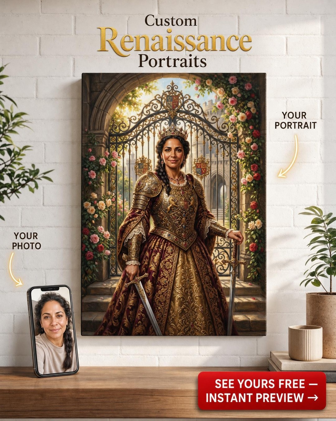 Custom Royal Woman Portrait — Regal Armor & Castle Canvas