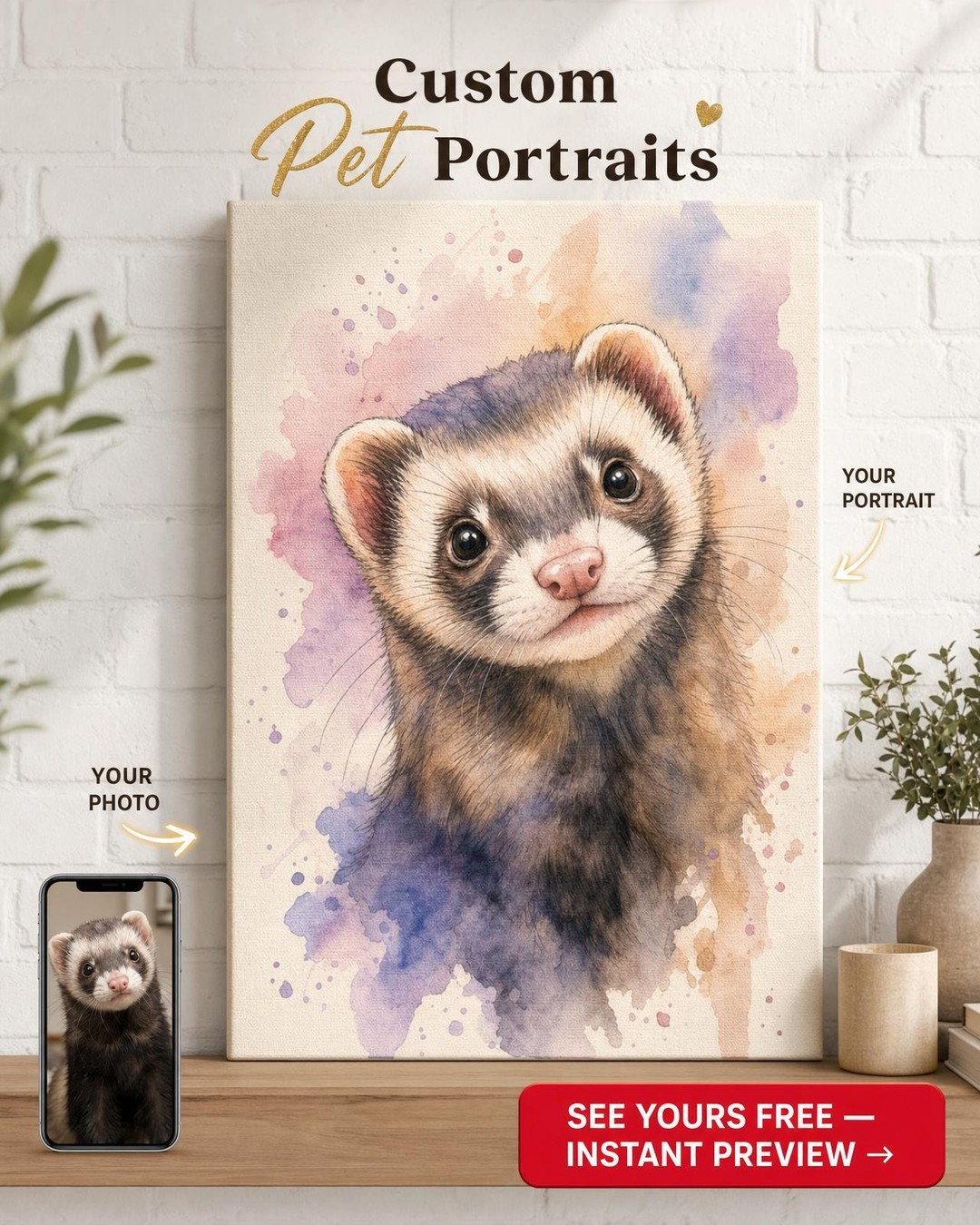 Custom Watercolor Pet Portrait — Whimsical Ferret Canvas Wall Art