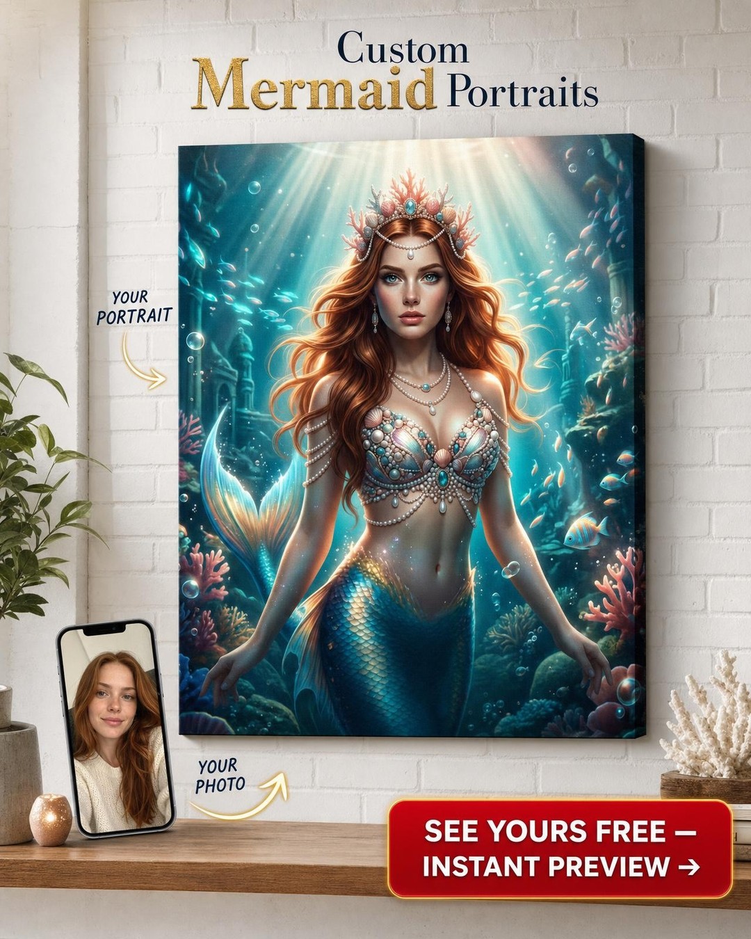 Custom Fantasy Woman Portrait — Whimsical Mermaid Canvas from Photo
