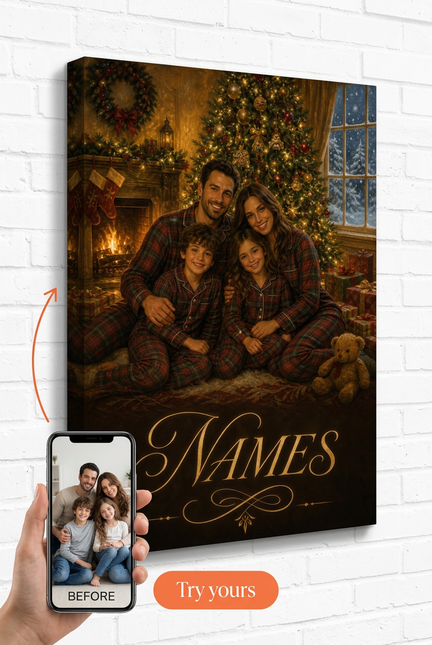 Custom Christmas Family Portrait — Festive Fireplace Canvas from Photo