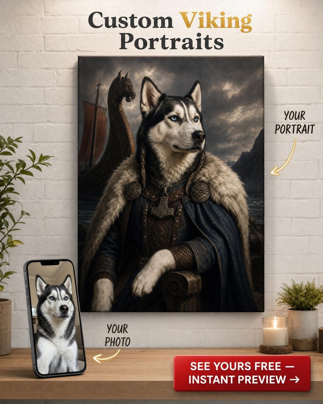 Custom Viking Dog Portrait — Regal Pet Canvas from Photo