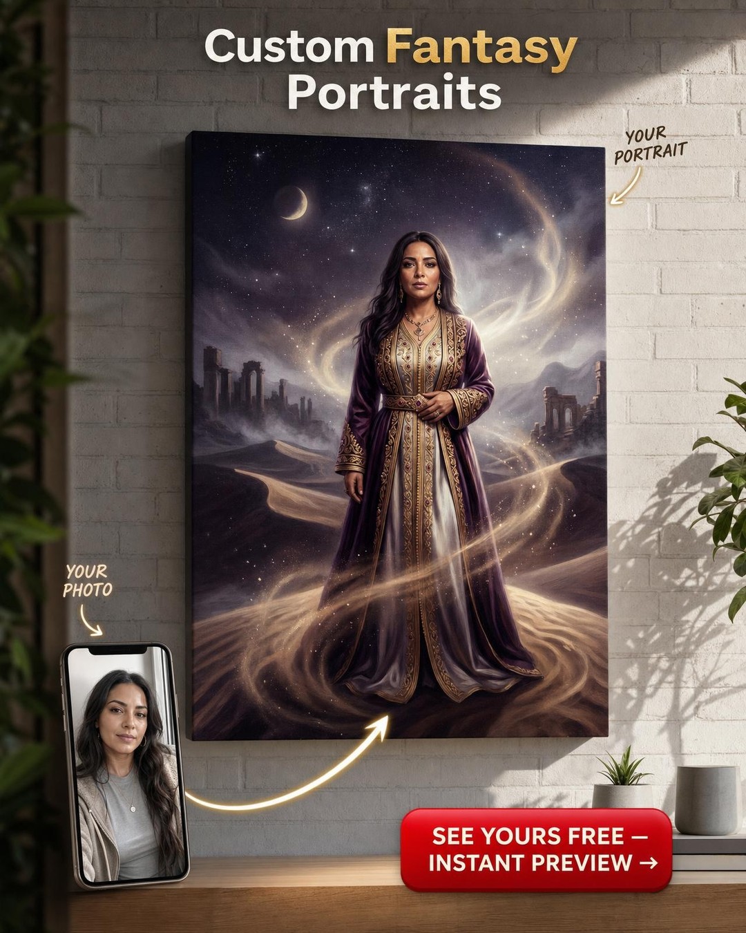 Custom Royal Woman Portrait — Regal Desert Canvas from Photo