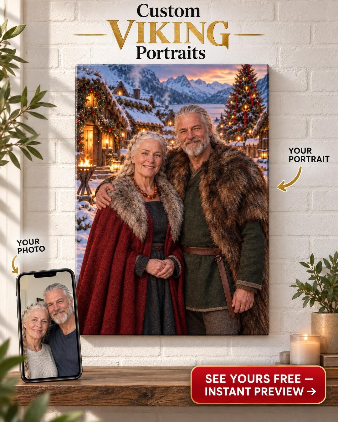 Custom Viking Yule Couple Portrait — Snowy Norse Village Decorated for Yule, Canvas from Photo