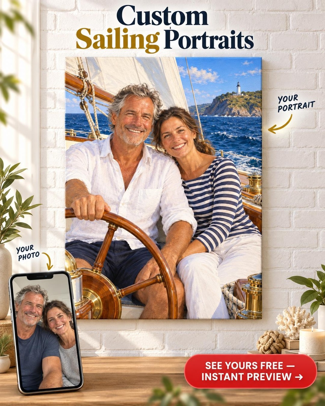Sailing Couple Custom Portrait from Photo | Personalized Lake Life Gift