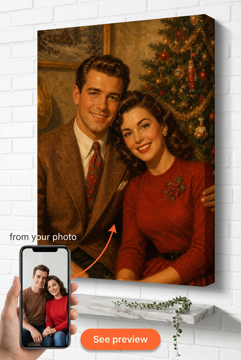 Custom Christmas Couple Portrait — Festive Canvas from Photo