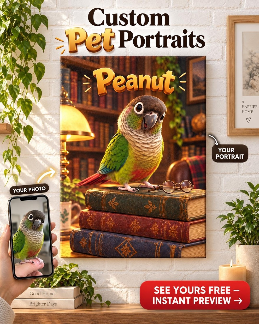 Custom Pixar-Style 3D Animated Green Cheek Conure Portrait from Photo | Personalized Bird Portrait Gift