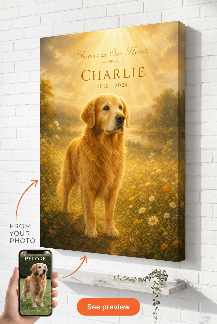 Custom Memorial Pet Dog Portrait — Golden Retriever in Sunlight from Photo