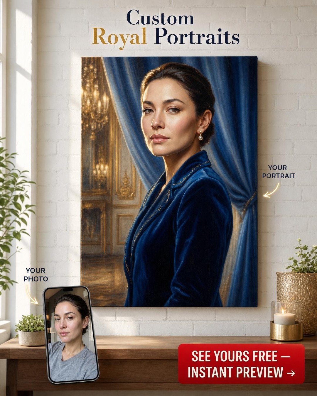 Custom Royal Woman Portrait — Regal Canvas from Photo