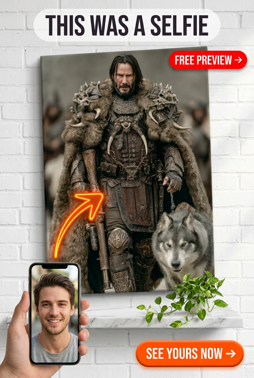 Custom Viking Man Portrait — Heroic Armor & Wolf Canvas