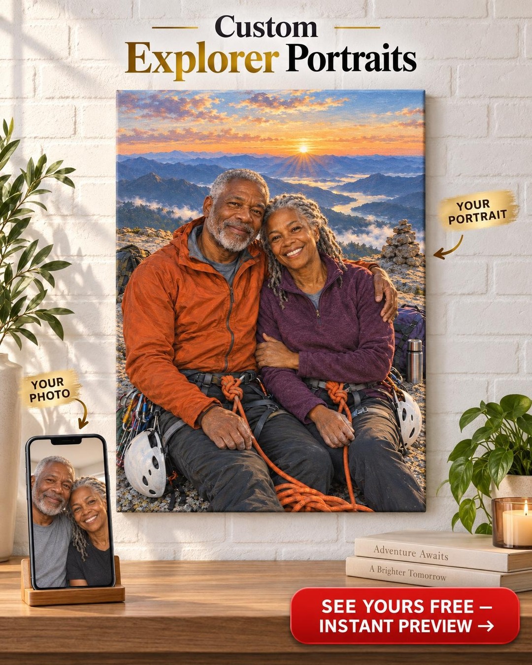 Summit at Sunrise Climbing Couple Custom Portrait from Photo | Personalized Rock Climbing Gift