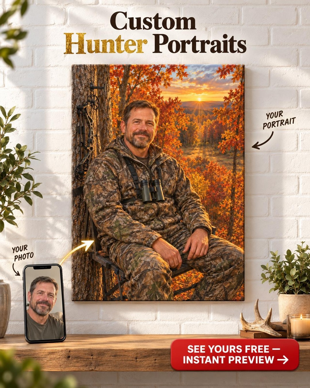 Tree Stand at Golden Hour Custom Portrait from Photo | Personalized Hunting Camp Gift