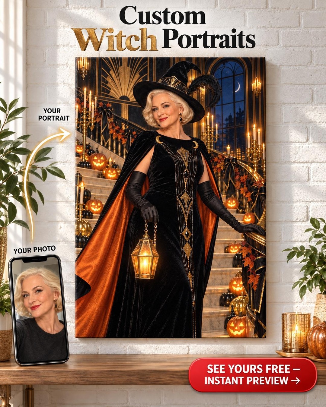 Glamorous Witch Custom Portrait from Photo | Personalized Witch Portrait Gift