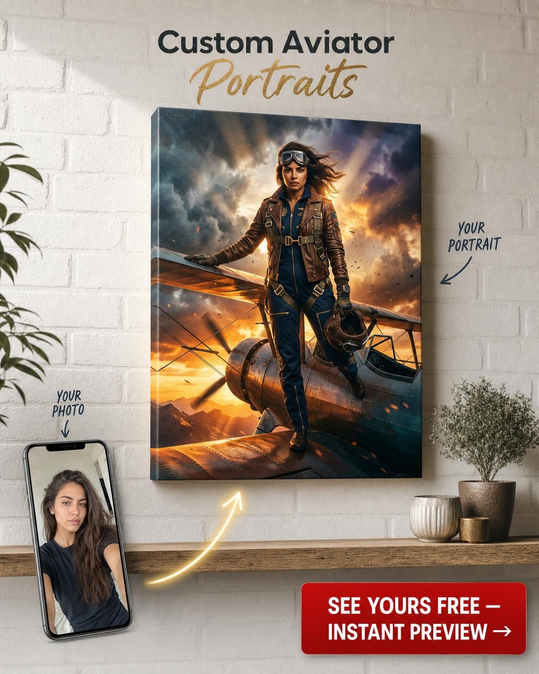 Custom Pilot Woman Portrait — Heroic Aviator Canvas from Photo