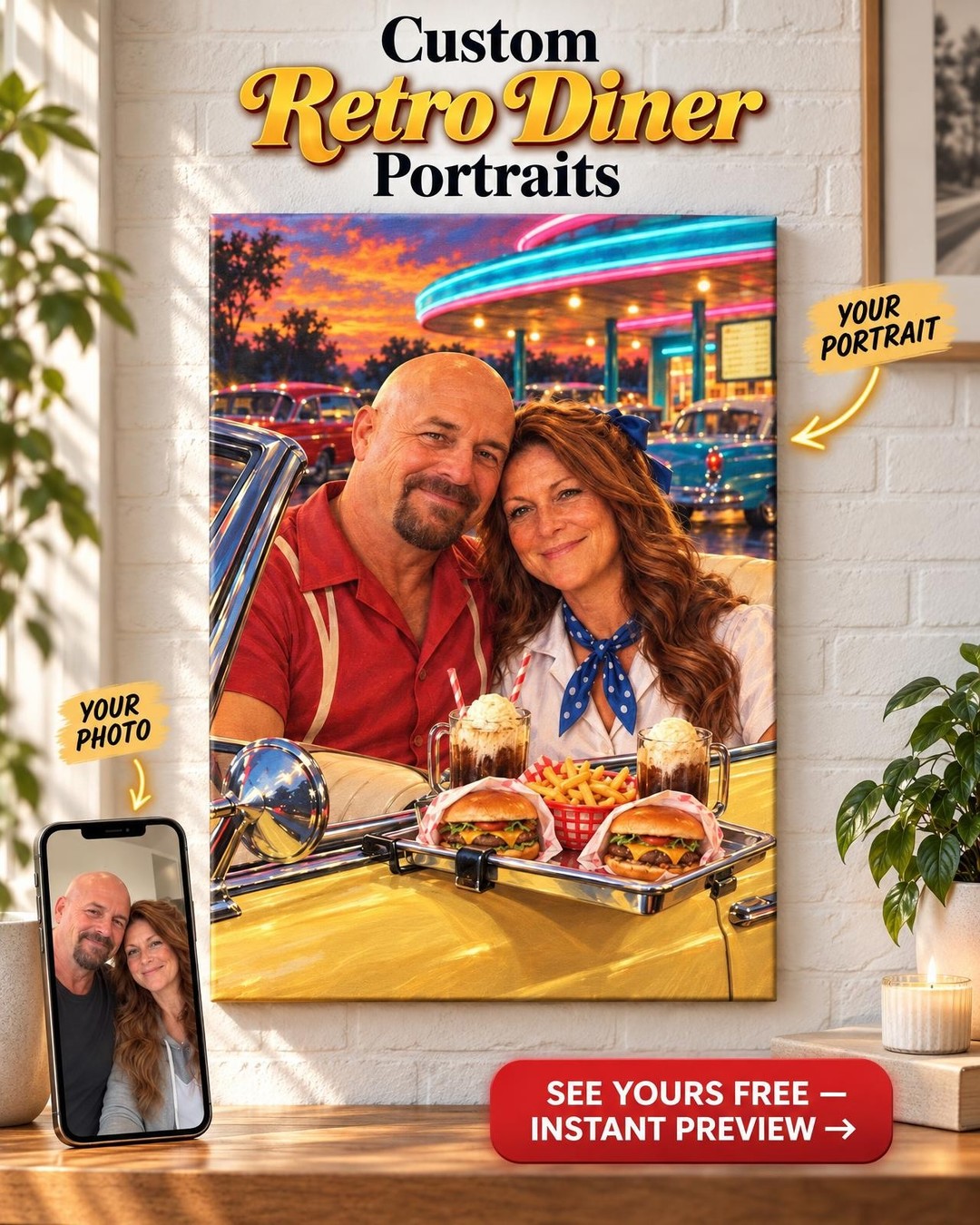 Carhop Drive-In Couple Custom Portrait from Photo | Personalized Retro Romance Gift