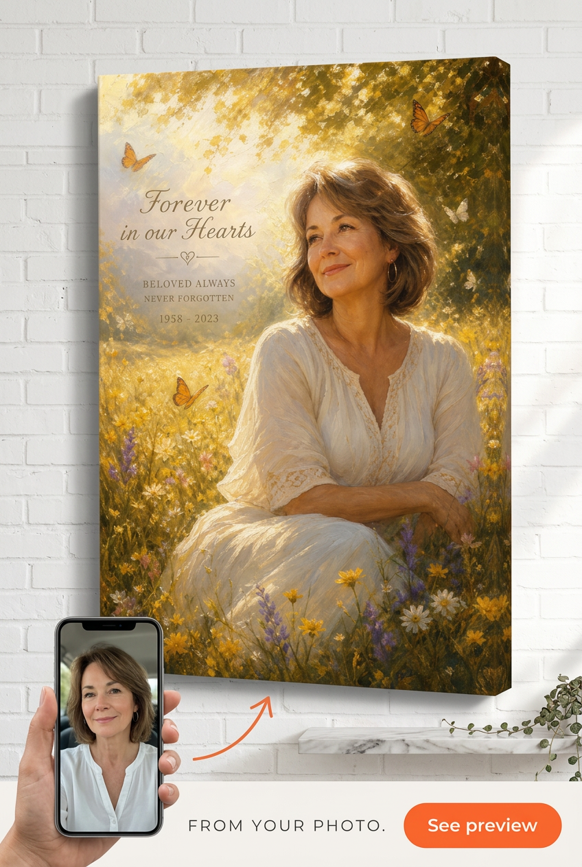 Custom Memorial Woman Portrait — Serene Flowers Canvas from Photo