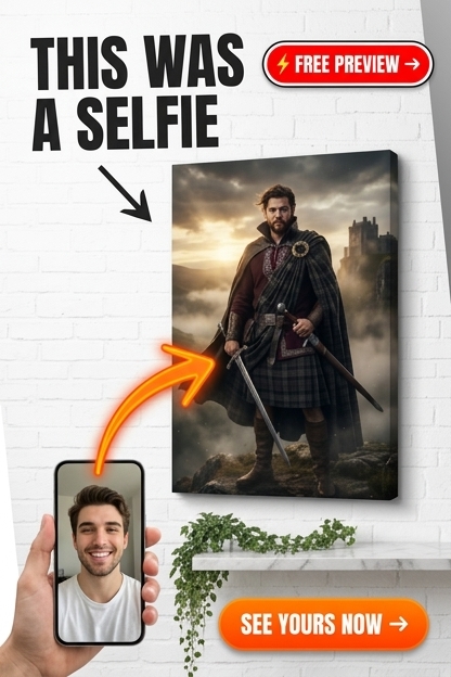 Custom Scottish Man Portrait — Heroic Kilt & Castle Canvas