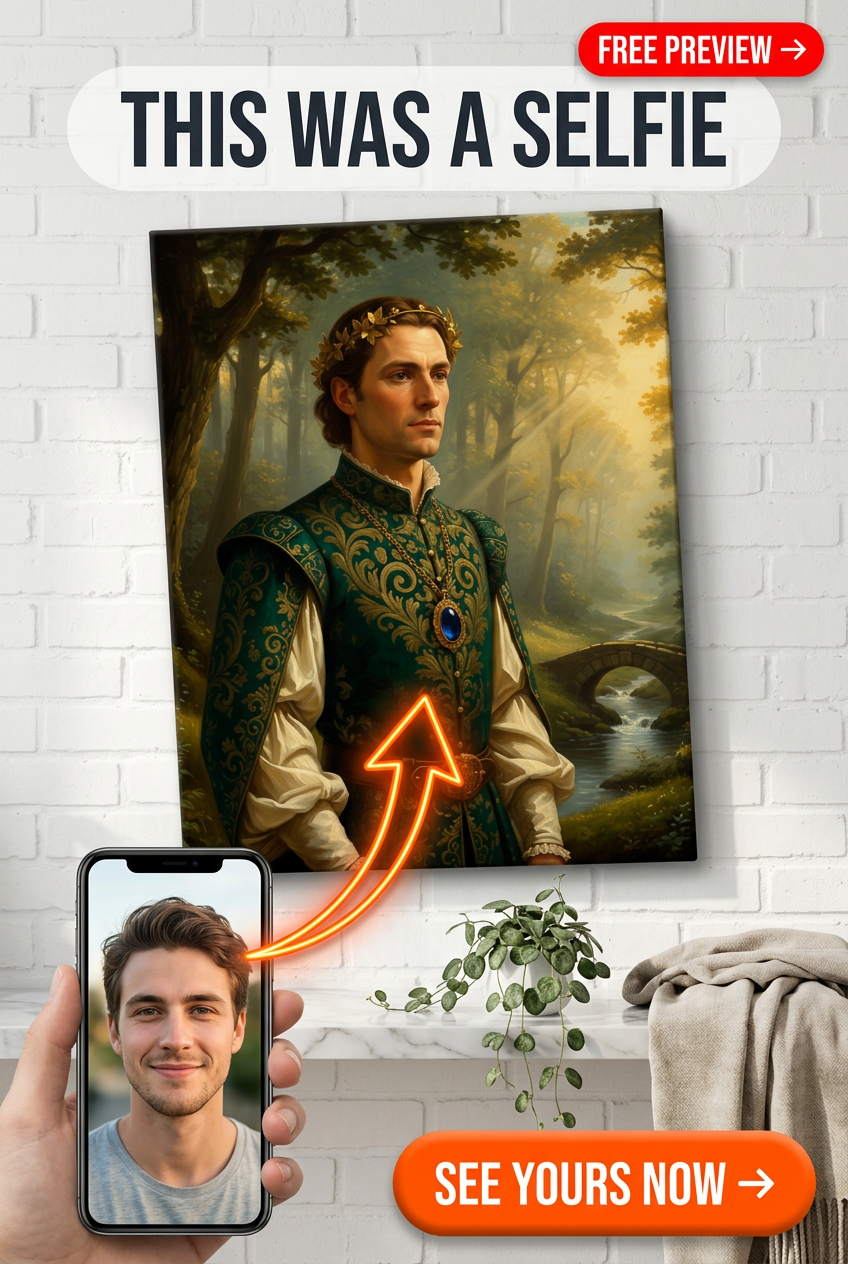 Custom Renaissance Man Portrait — Regal Crown & Forest Canvas
