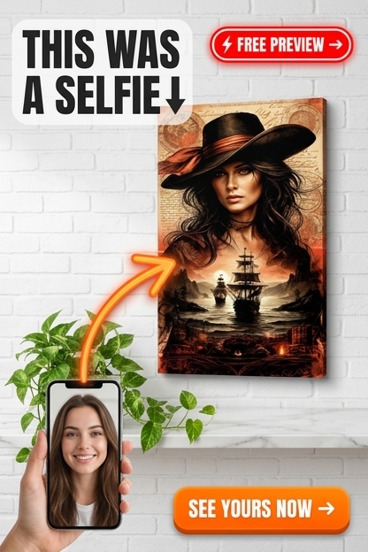 Este retrato cativante apresenta uma mulher sozinha em um estilo marcante inspirado em piratas