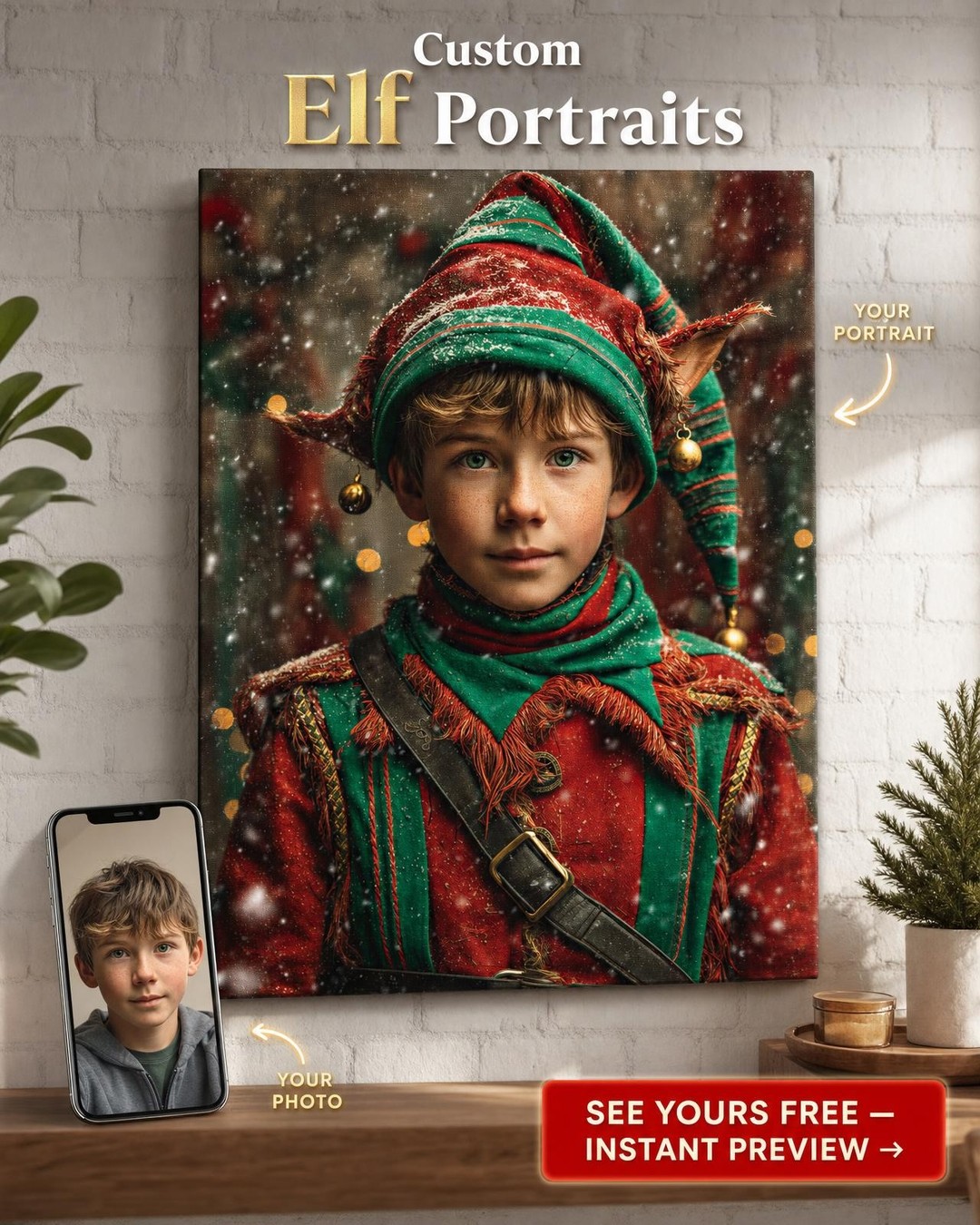 Custom Christmas Boy Portrait — Festive Elf Canvas from Photo