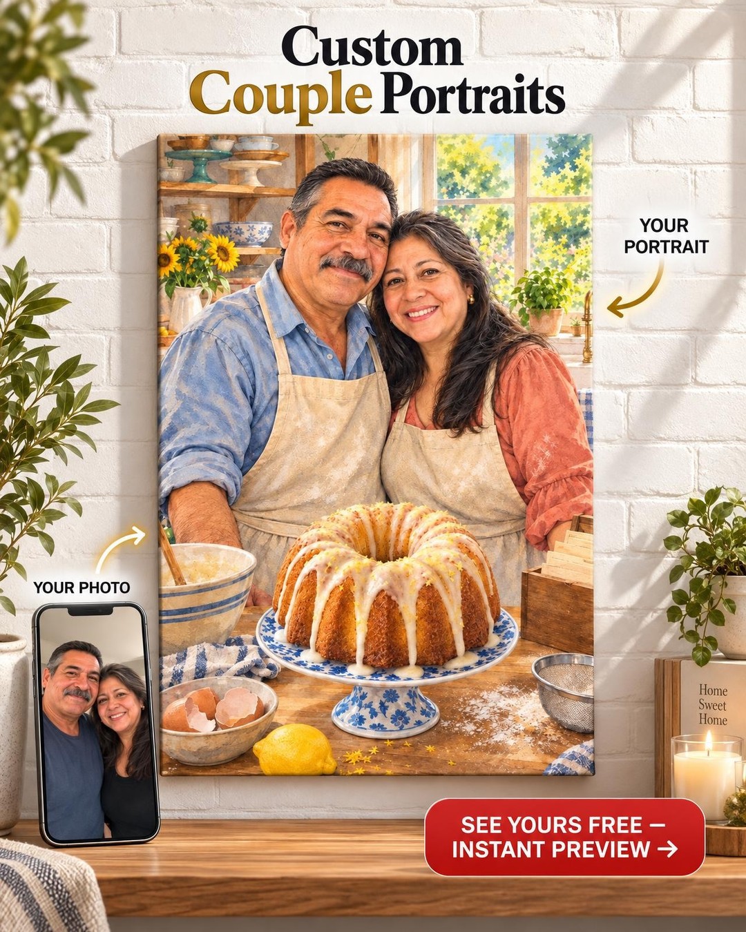 Baking Together Couple Custom Portrait from Photo | Personalized Bakery Portrait Gift