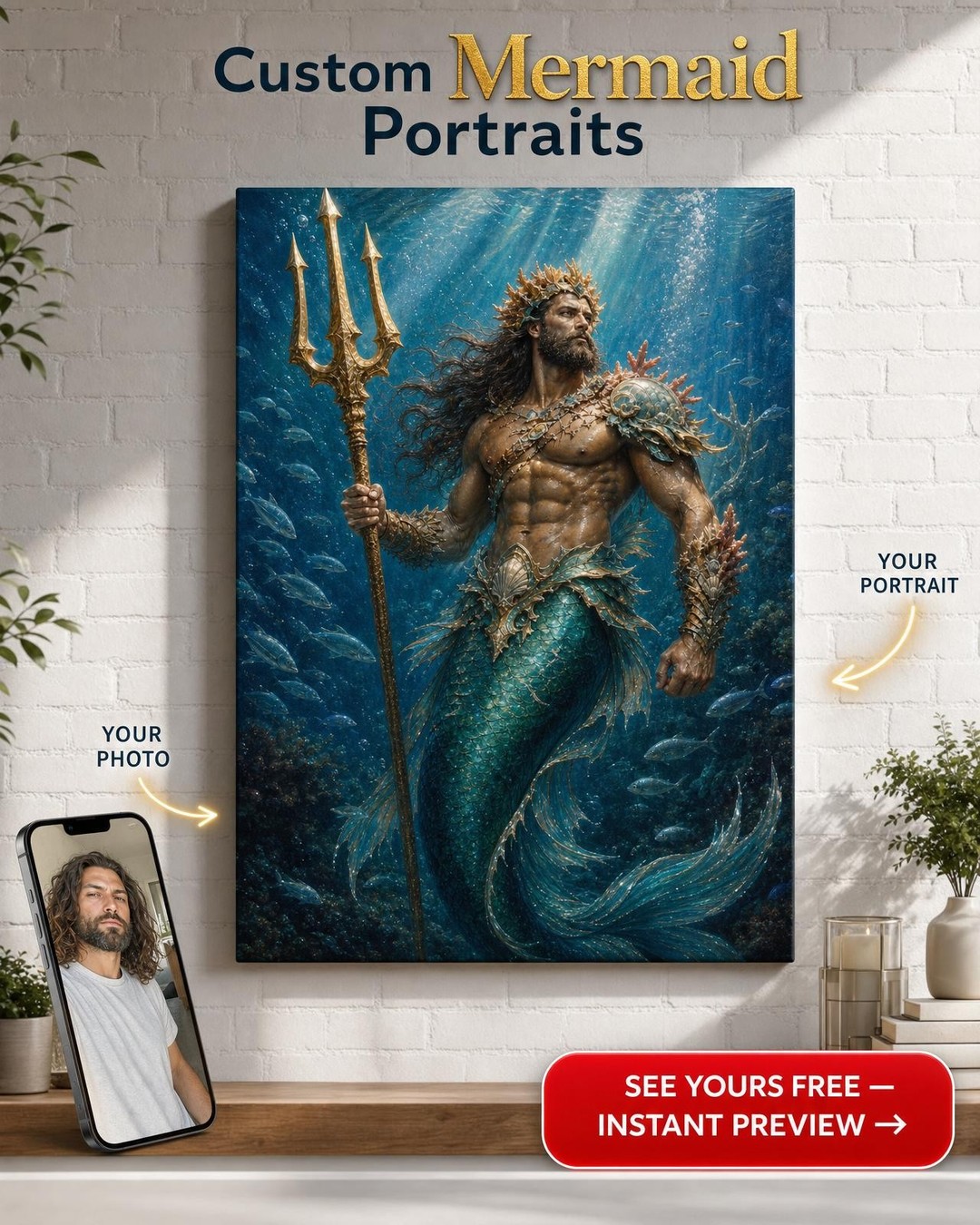 Merman Sea-Warrior Custom Portrait from Photo | Personalized Canvas Gift