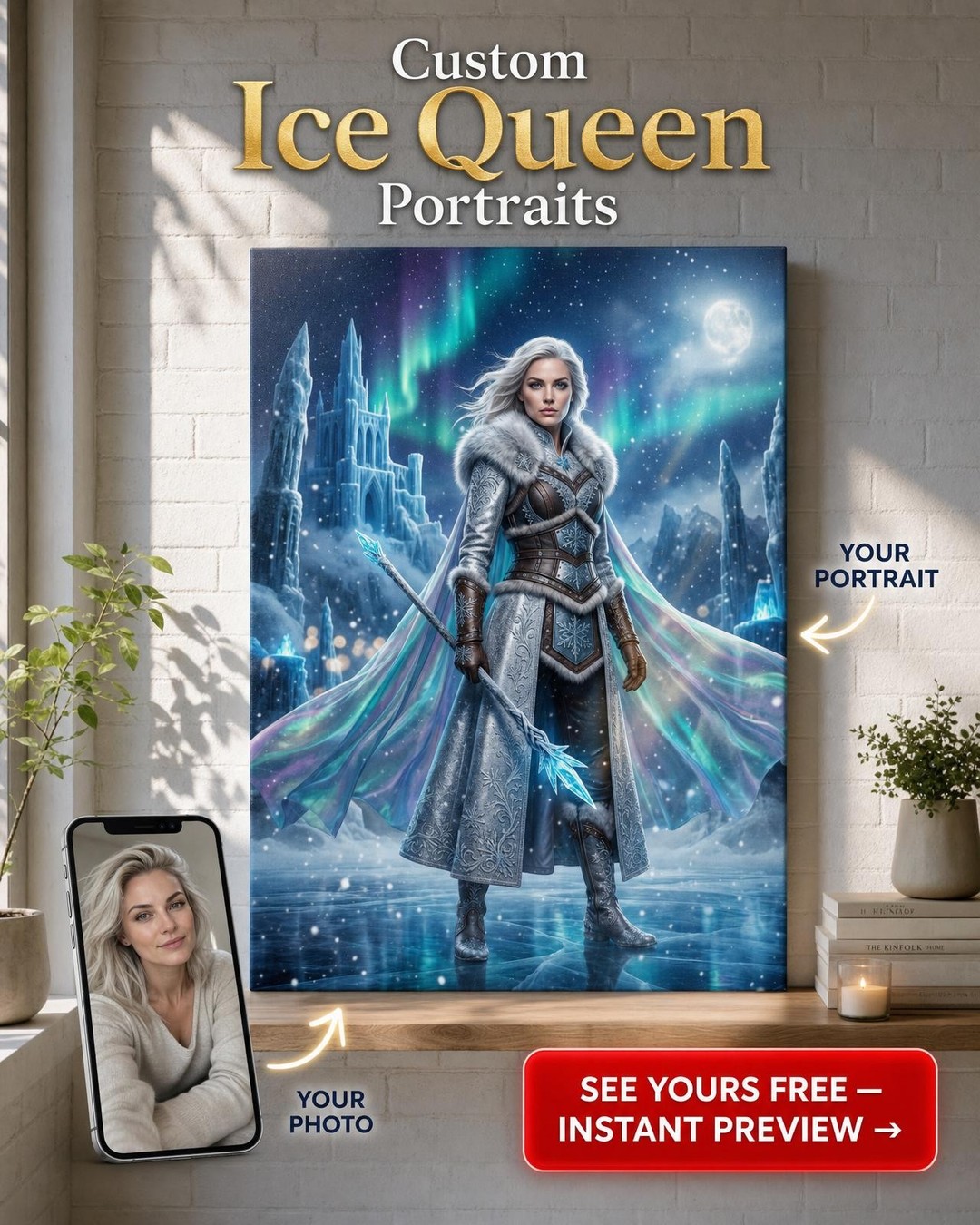 Custom Winter Single-Man Portrait — Heroic Armor & Aurora Canvas