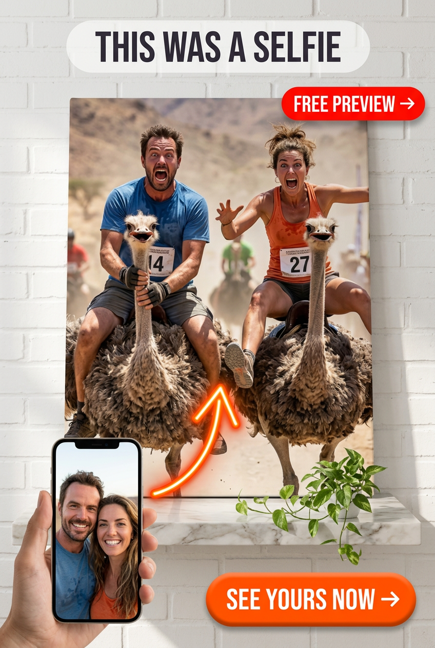 Custom Desert Couple Portrait — Whimsical Ostrich Race Canvas