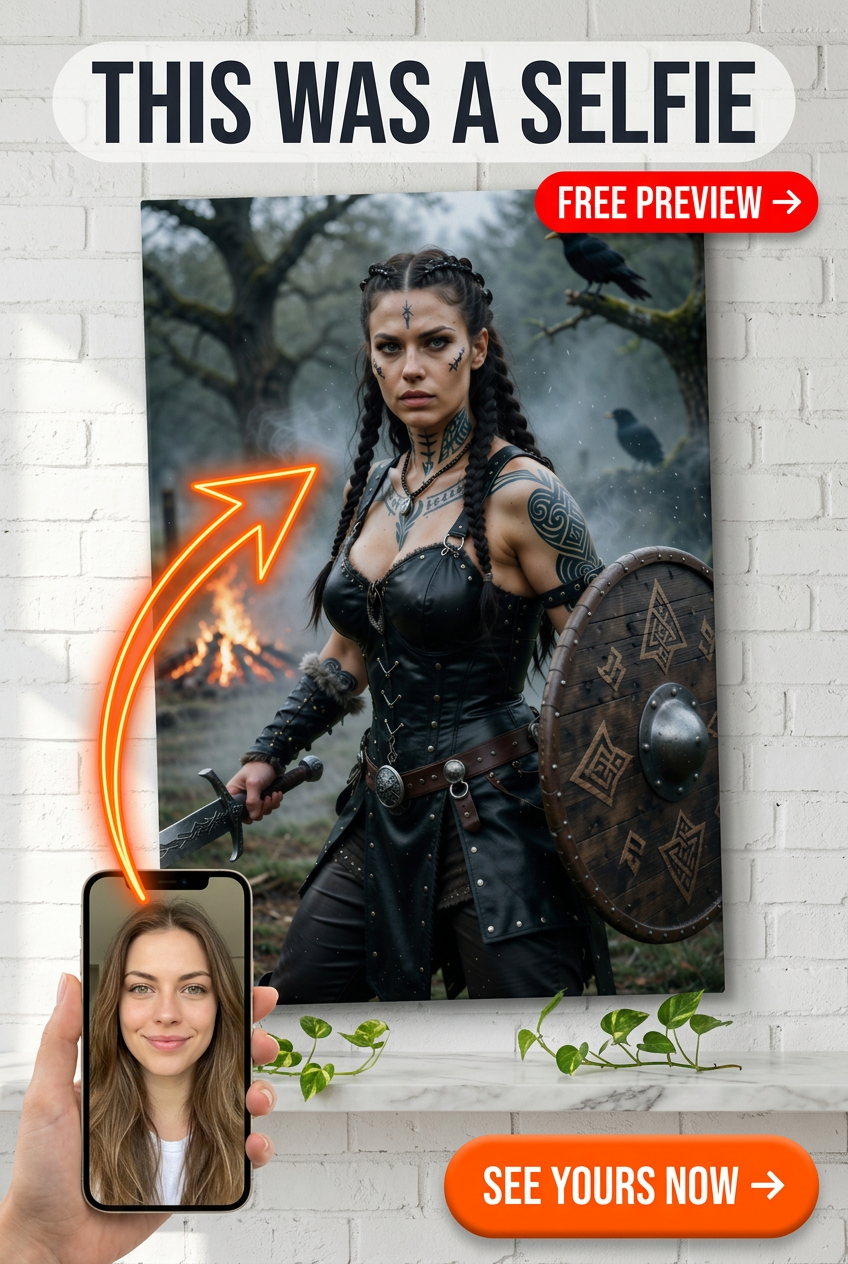 Custom Viking Woman Portrait — Heroic Shield & Fire Canvas