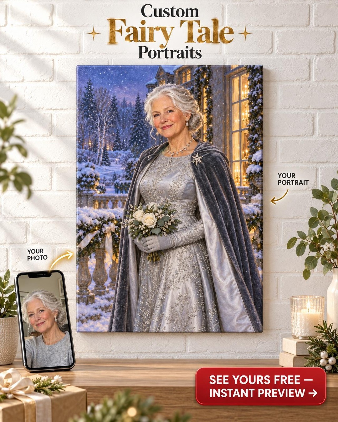 Winter Silver Custom Portrait from Photo | Personalized Silver Glamour Gift