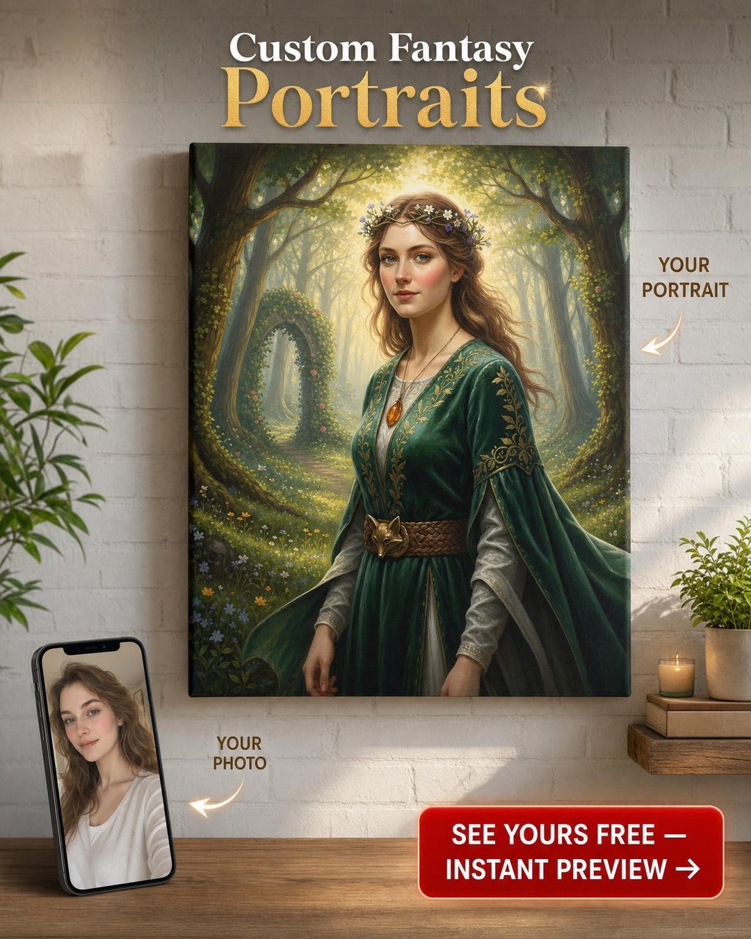 Custom Fantasy Woman Portrait — Enchanted Forest Canvas