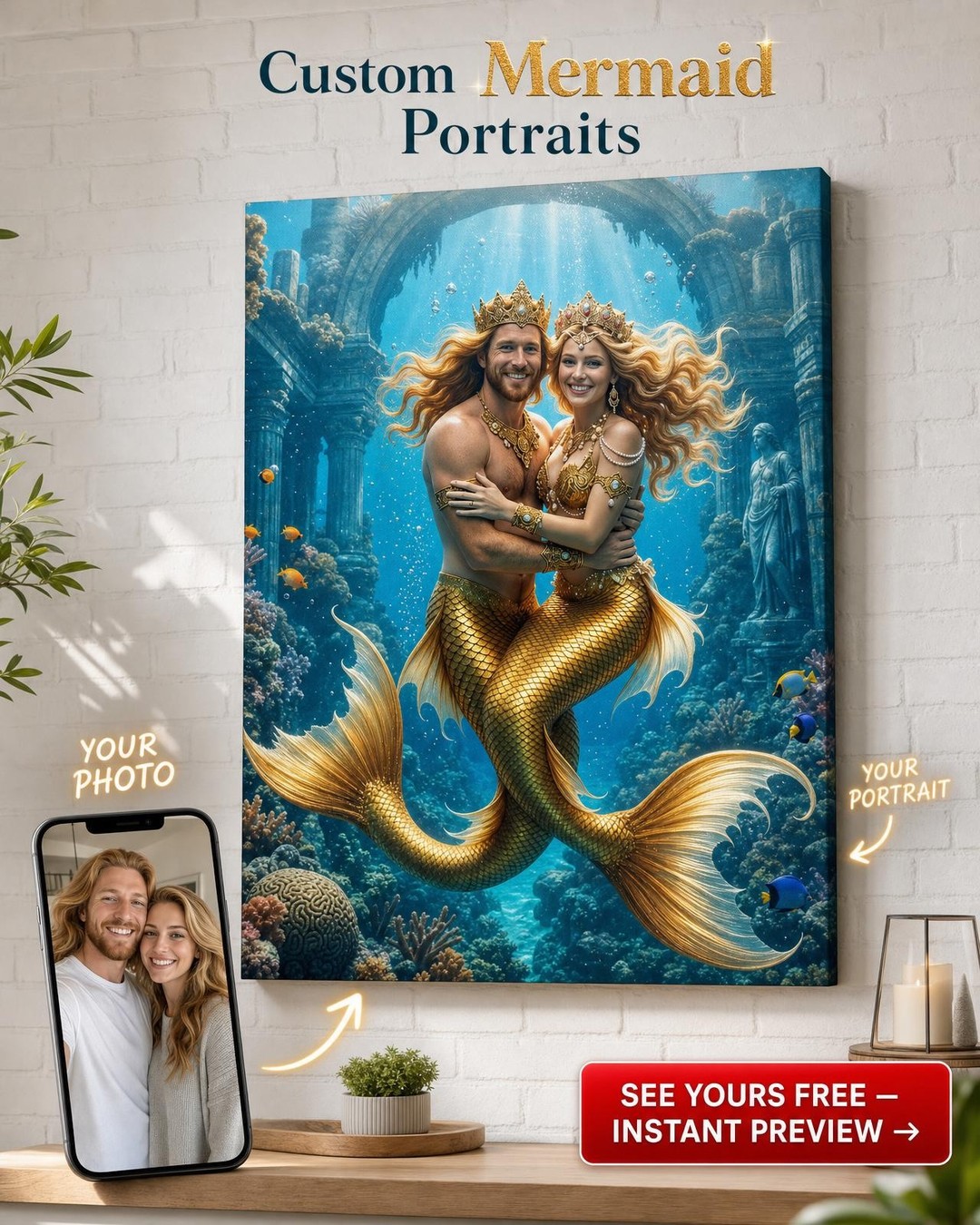 Mermaid & Merman Custom Portrait from Photo | Personalized Canvas Gift