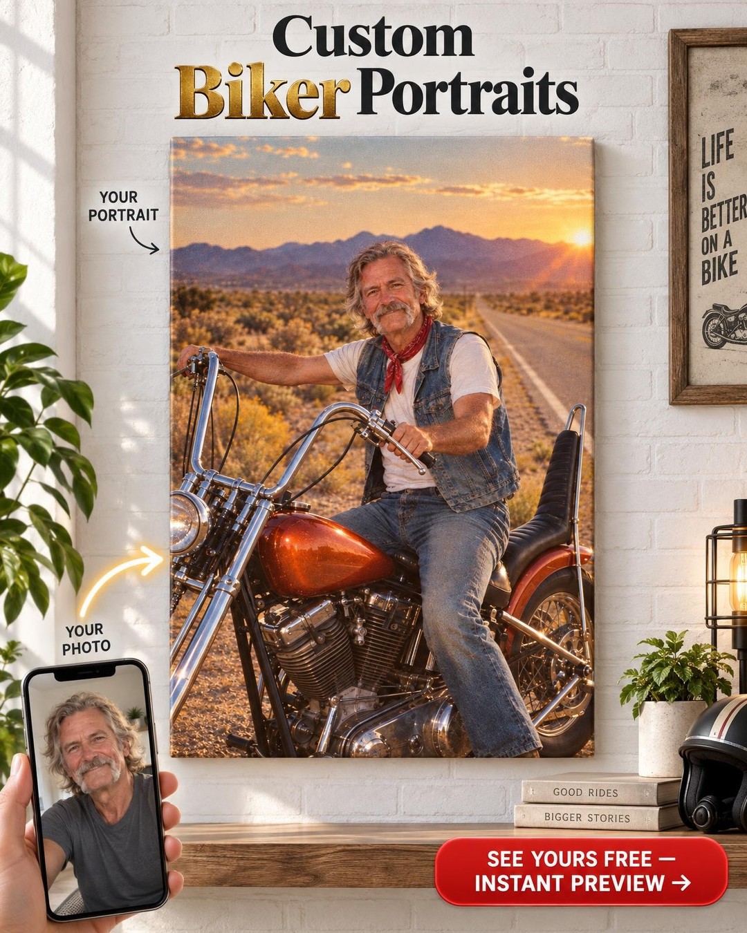 Born to Ride 1974 Motorcycle Custom Portrait from Photo | Personalized Motorcycle Portrait Gift