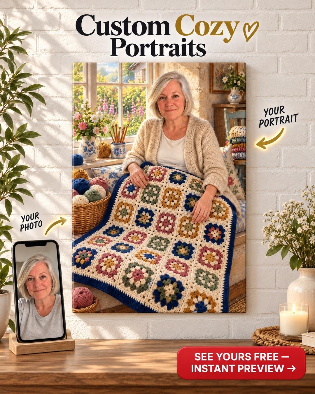 Her Cottage Window Knitter Custom Portrait from Photo | Personalized Yarn Craft Gift