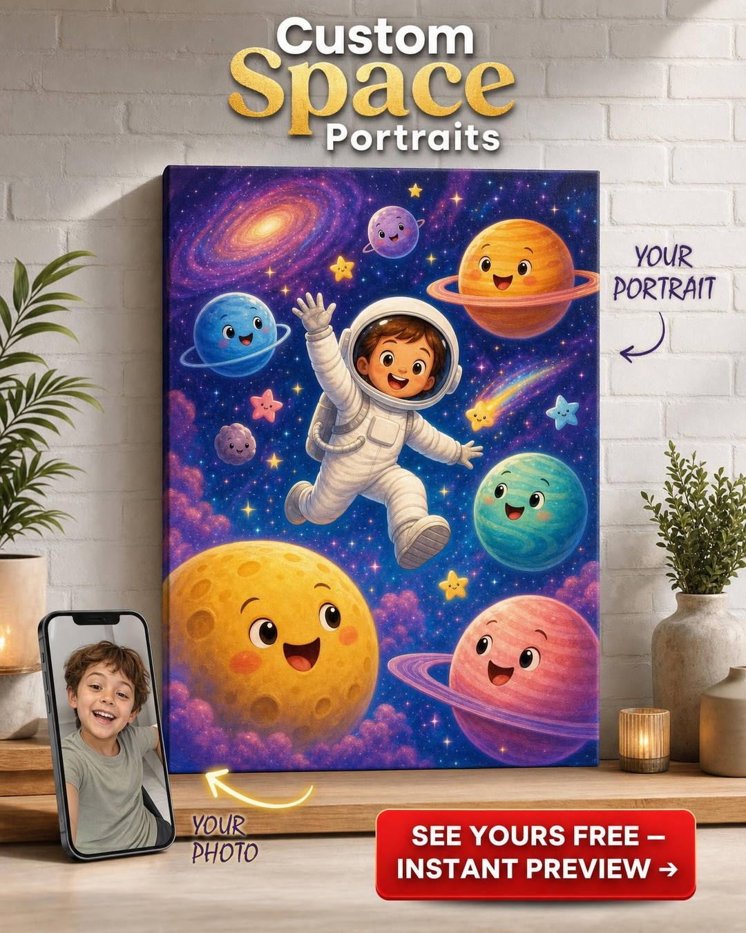 Planet Hopper Astronaut Custom Portrait from Photo | Personalized Canvas Gift