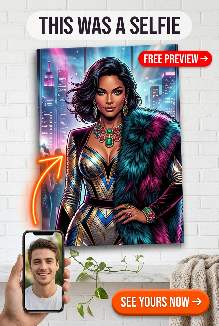 Custom Pop Art Woman Portrait — Whimsical City Glamour Canvas