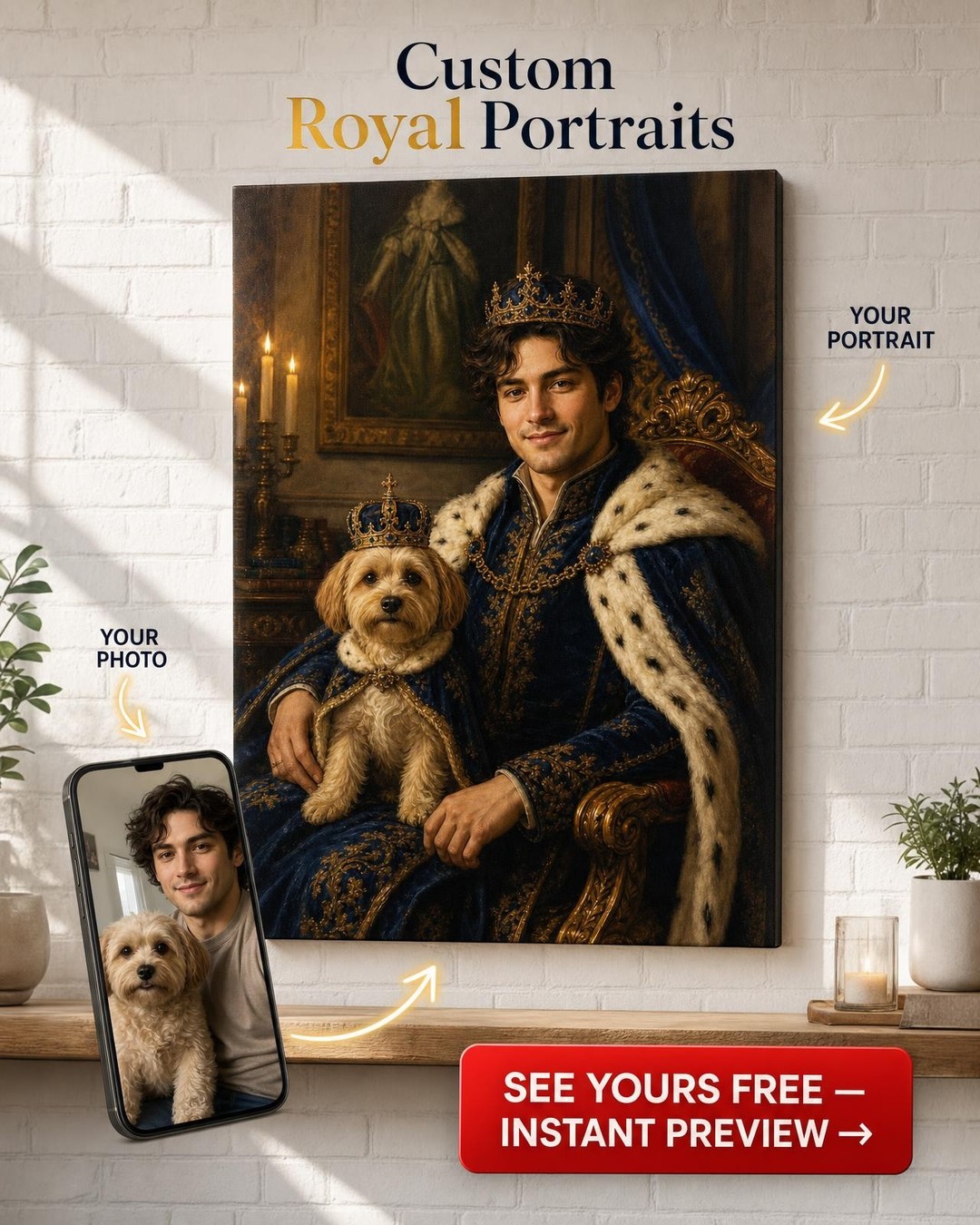 Royal Portrait with Pet Custom Portrait from Photo | Personalized for Human-Pet Gift