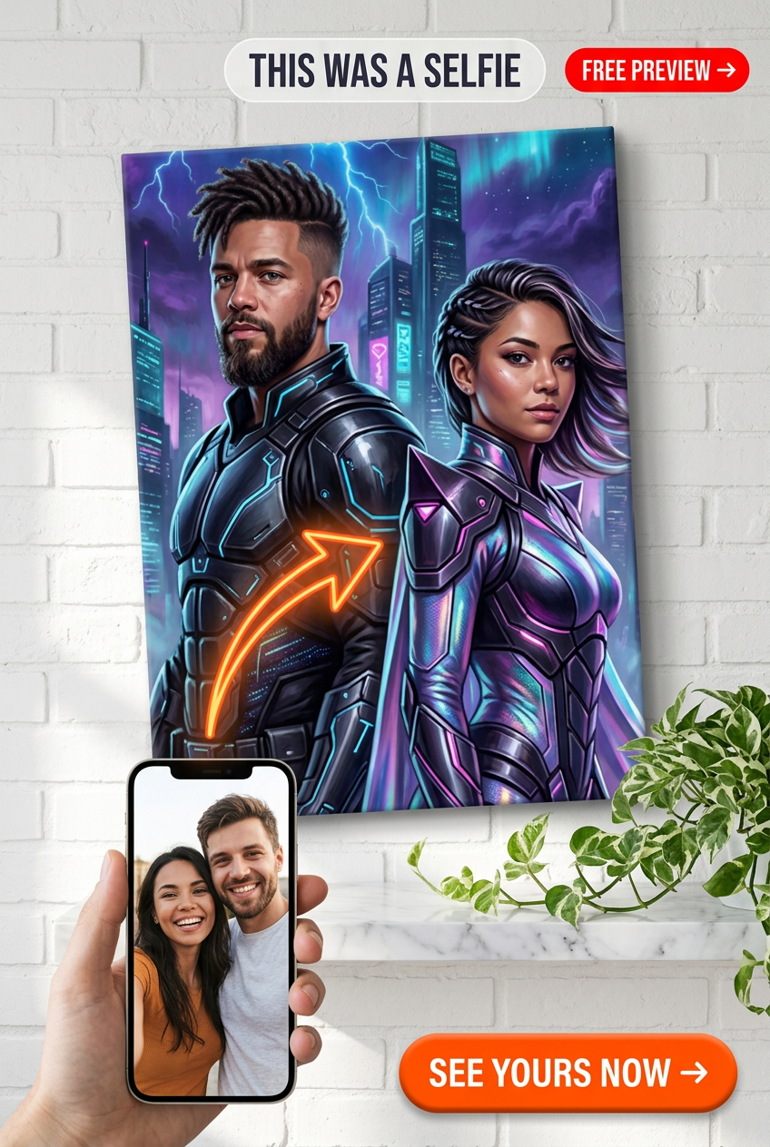 Portrait personnalisé de couple sci-fi épique Neon Stargazers