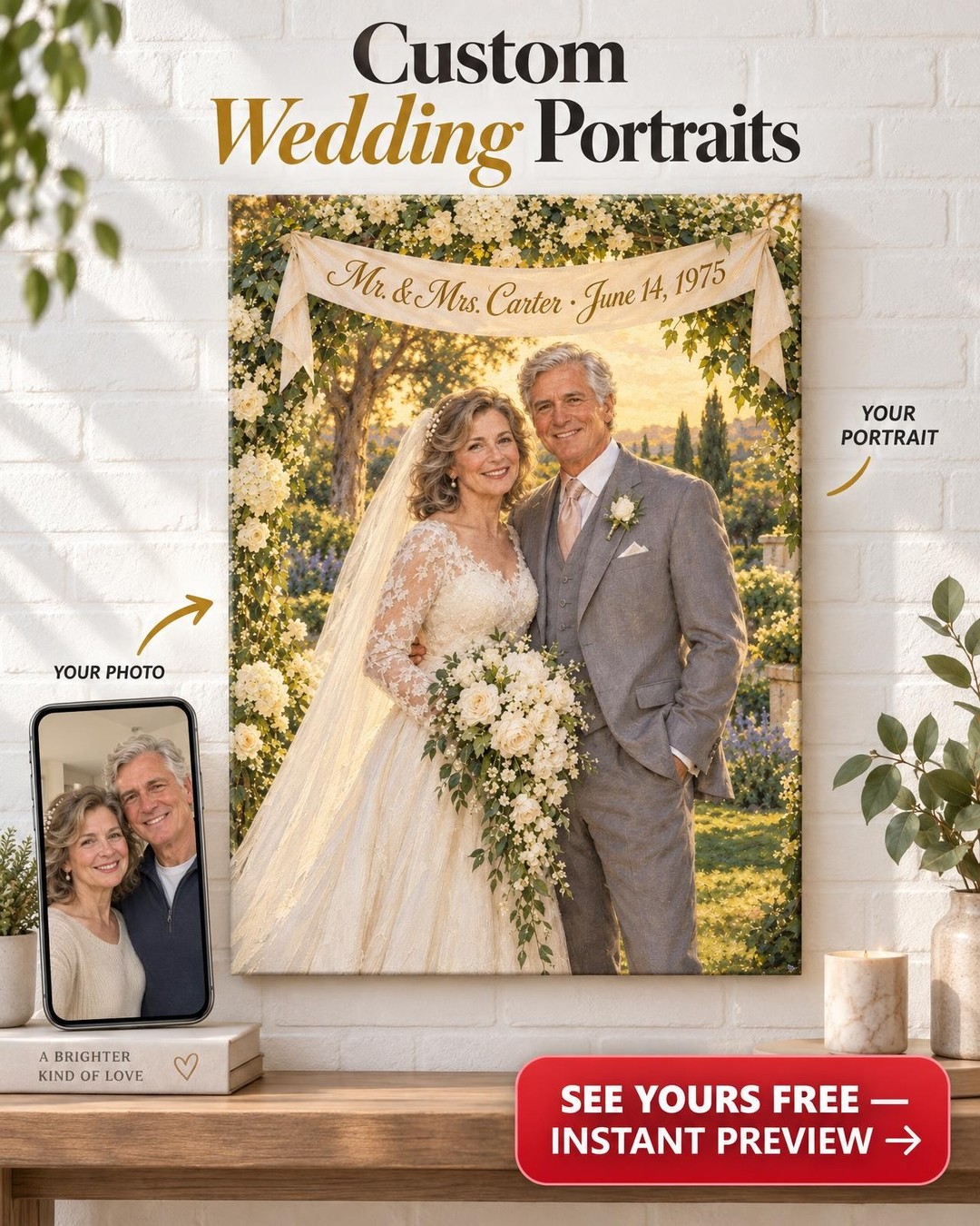 Mr. & Mrs. Wedding Custom Portrait from Photo | Personalized Wedding Memory Gift