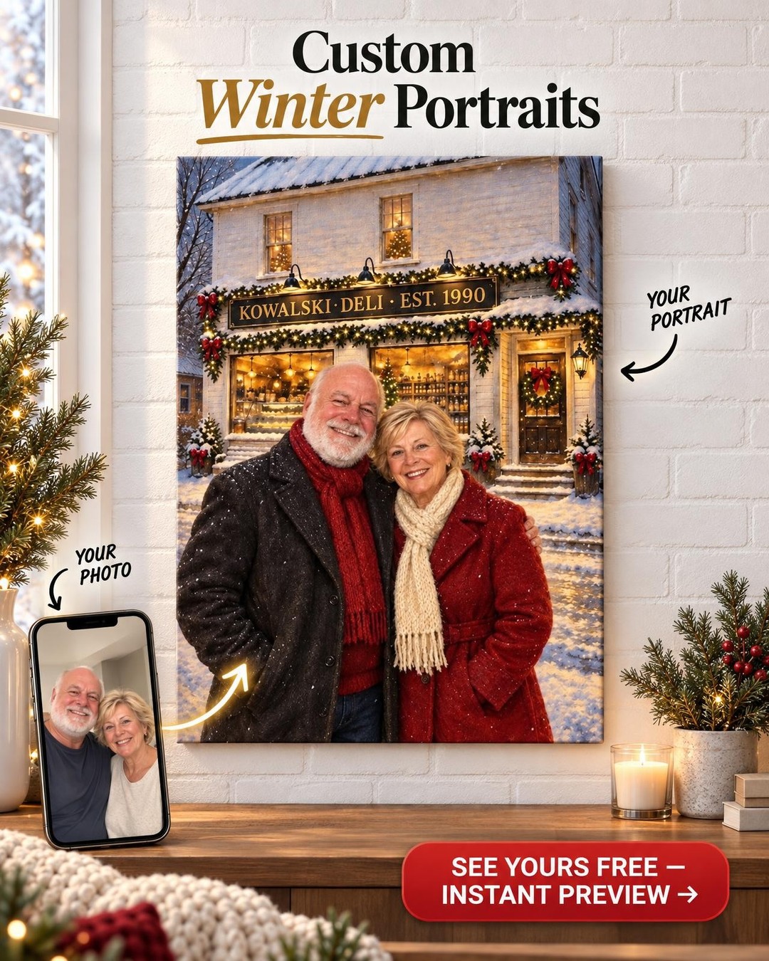 Christmas Snowfall Custom Portrait from Photo | Personalized Family Business Gift