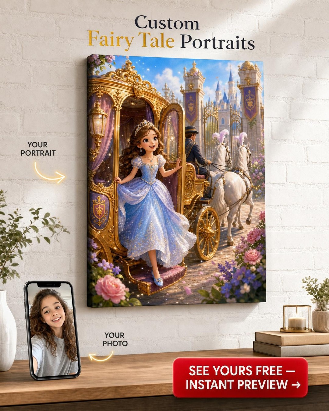 Golden Carriage Princess Custom Portrait from Photo | Personalized Canvas Gift