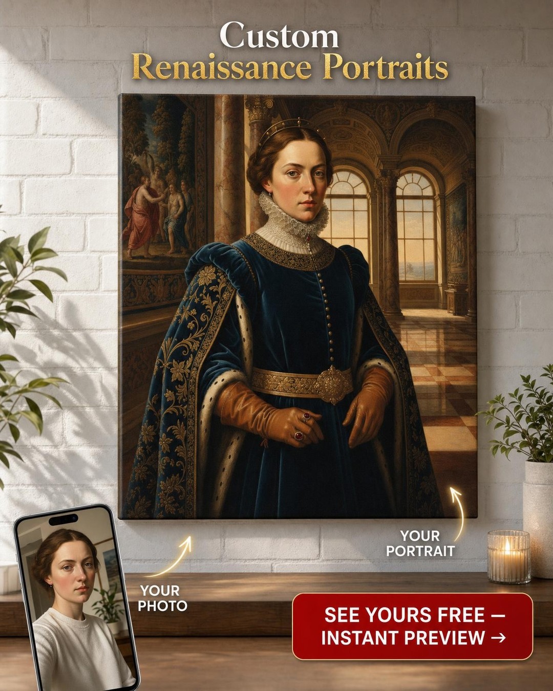 Custom Royal Woman Portrait — Regal Crown & Throne Canvas