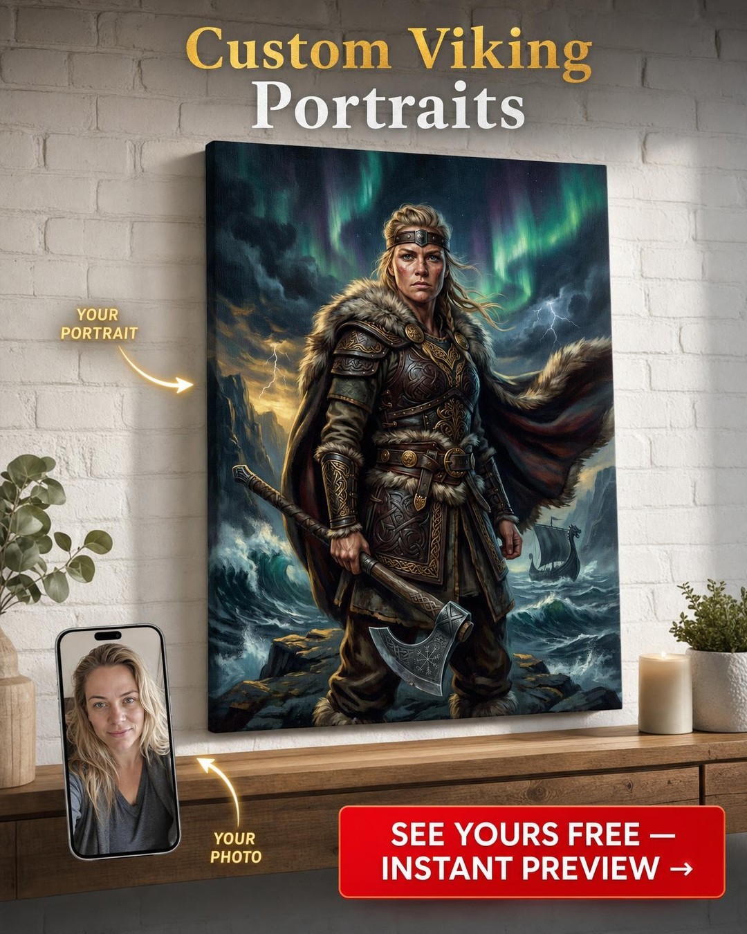 Custom Viking Man Portrait — Heroic Armor & Northern Lights Canvas