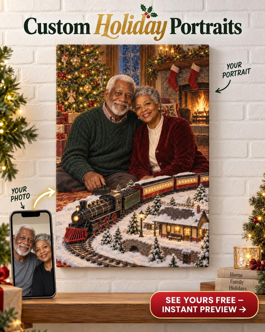 The Christmas Train Couple Portrait Custom Portrait from Photo | Personalized Toy Collector Gift